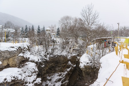 KAMENNOMOSTSKIY, ADYGEYA, RUSSIA - January 29.2017: Equipped with stairs and rails guided tour on the territory of the hadzhohskaya tasnina canyon, a scenic gorge of the White riverのeditorial素材