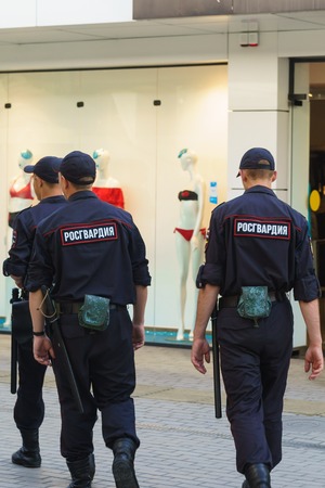 Sochi, Krasnodar Krai, Russia - June 09.2017: a Police patrol is on a city street. Patch "Rosgvardiya" - the Federal service of national guard troops of the Russian Federationのeditorial素材