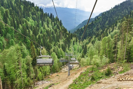 Estosadok, Sochi, Russia - June 10.2017: ropeway ski resort "Rosa Khutor" in the Caucasus mountains. Cloudy day in early summerのeditorial素材