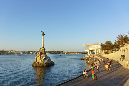 Russia, Crimea, Sevastopol - September 03.2017: Tourists take pictures near the Monument to the...