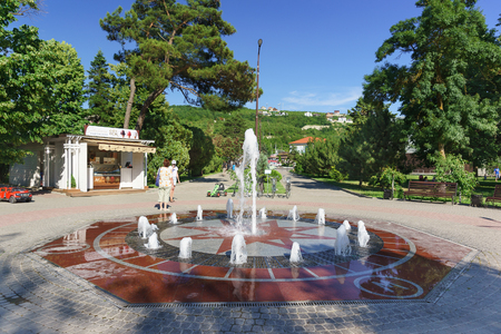 Russia, Krasnodar region, Novorossiysk, Abrau-Durso village-June 12, 2018: Fountain in the Park of the resort village. A hot Sunny dayのeditorial素材