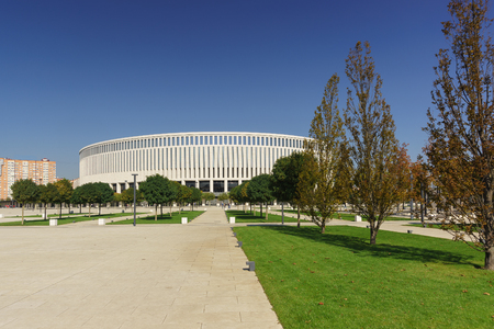 Krasnodar, Russia-October 19, 2018: Krasnodar Stadium is a football stadium of the club of the same name in the East Kruglikovskiy district of the city. Sunny autumn dayのeditorial素材