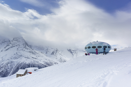 Dombay, Karachay-Cherkess Republic, Russia - December 15, 2018: high-Altitude mini-hotel "Plate" on the slope of the mountain Moussa-Achitara on the fourth level of the ski resortのeditorial素材