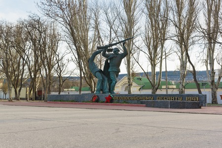 Feodosia, Crimea, Russia - March 08, 2019: Monument to the heroes of the great Patriotic war. The inscription in Russian "Feodosiya landing 1941"のeditorial素材