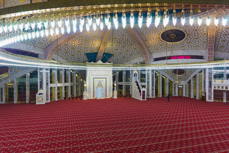 The city of Argun of the Chechen Republic of the Russian Federation - June 01, 2019: Interior of aymani Kadyrova mosque in Argun, Chechen Republic of the Russian Federation. Luxurious architectureのeditorial素材