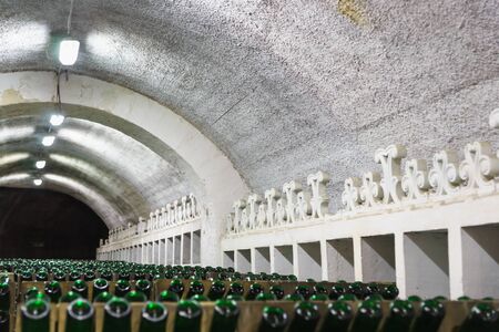 Novy Svet, Crimea, Russia - March 09, 2019: Racks of wine in the enotek named after L. Golitsyn on...