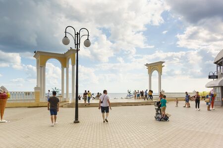 Yevpatoria, Crimea, Russia-September 07, 2019: columned access to the beach on Gorky embankment in the resort townのeditorial素材