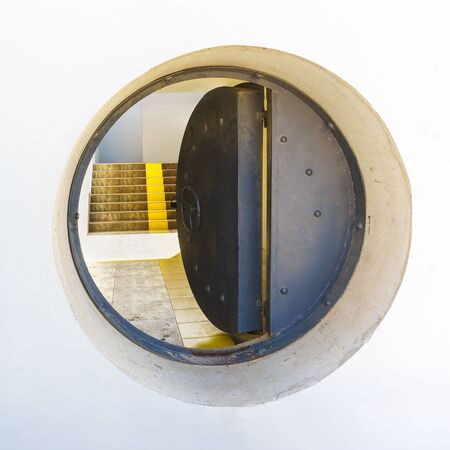 Stylized submarine hatch door. Metal and concrete