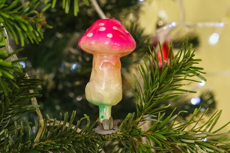 Glass mushroom fly agaric - new years Soviet Christmas tree toy on a branch of green firの写真素材