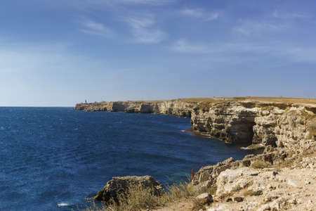 Tarkhankut, Crimea, Russia-September 11, 2019: View from the Cup of Love towards the Fishing Camp in Atlesh Park. Colostrum Tarhankut in Crimeaのeditorial素材