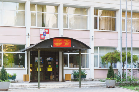 Russia, Sochi, Adler, may 03, 2019-Entrance to the administration building of the Adler district of Sochi. City administrationのeditorial素材
