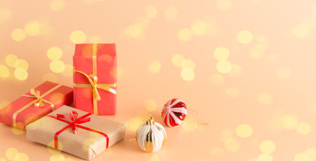 Fabulous gifts in beautiful colorful boxes with gold ribbons and Christmas toys. Holiday. New year...