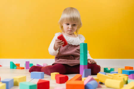 A little serious girl in a dress is sitting on the floor and is concentrating on putting a red detail on a tower of multi-colored blocks of the constructor. selective focusの写真素材