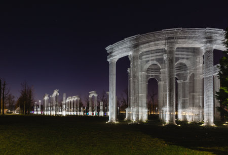 Russia, Krasnodar - 04 January 2023: Installation Air Colonnade Abstract of wire in the park...