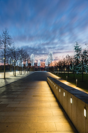 Russia, Krasnodar - 04 January 2023: New Year decorations in the Galician night park in Krasnodar. early morningのeditorial素材