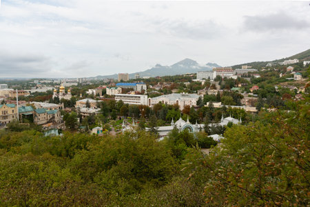 Landscape view from the observation deck of Pyatigorsk on a cloudy autumn day. Clouds over the cityの写真素材
