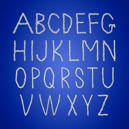 Abc of crochet, lesson, white letters of linked chains over blue backgroundの写真素材