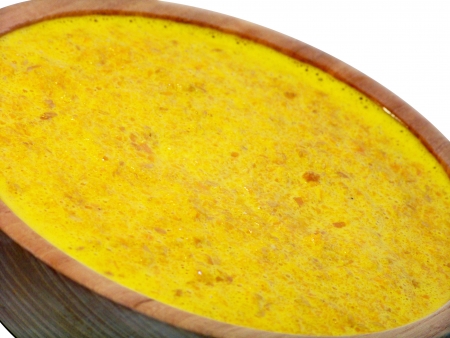 Homemade vegetable creamy corn soup in a wooden bowl  の写真素材