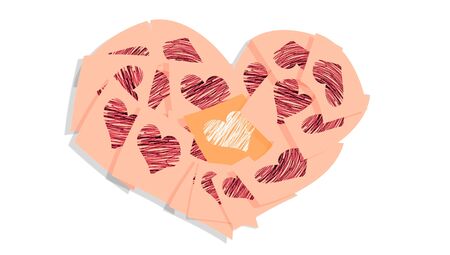 Light orange post it notes heart with hearts isolated over white backgroundの写真素材