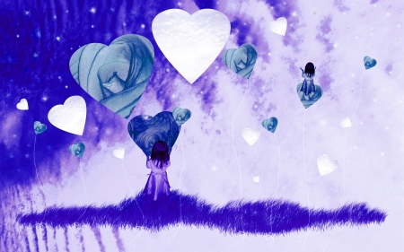 Indigo blue surrealist romantic image with a dreaming child with hearts and flowersの写真素材