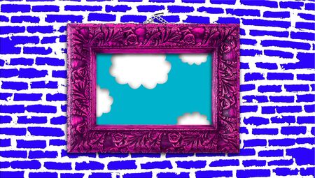 Sky painting in pink luxury frame on blue brickwall illustrationの写真素材