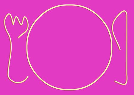 Pink background with plate folk and knife silhouettes illustrationの写真素材