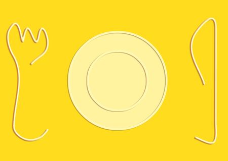 Small plate with knife and folk silhouettes drawing in yellowの写真素材