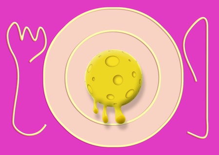 Cheese ball melted on plate with knife and folk illustration on pinkの写真素材