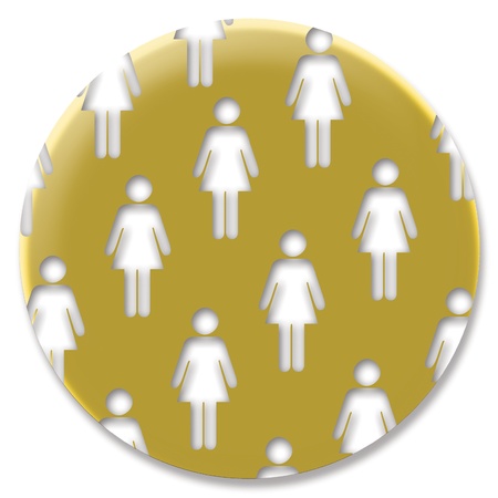 Golden circular feminist pin or button with women silhouettesの写真素材