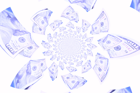 Abundance of blue dollars bills flying isolated on white backgroundの写真素材