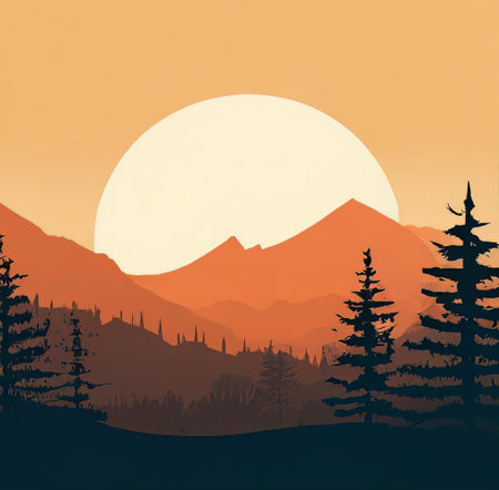 Mountains and coniferous forest at sunset. Vector illustration.の素材