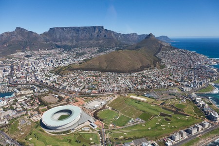 Aerial view of Cape town South Africa from a helicopter. Panorama Cape Town South Africa from birds eye view on a sunny dayの写真素材
