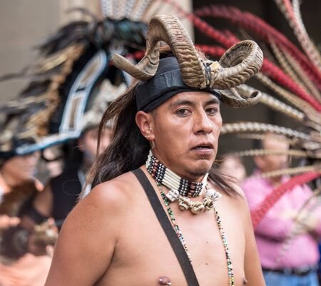 Mexico City, Mexico - April 30, 2017. Aztec dancers dancing in Zocalo squareのeditorial素材