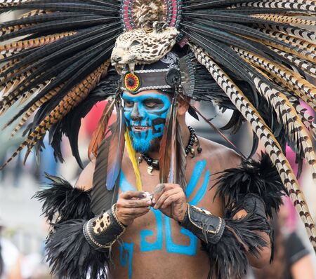Mexico City, Mexico - April 30, 2017. Aztec dancers dancing in Zocalo squareのeditorial素材