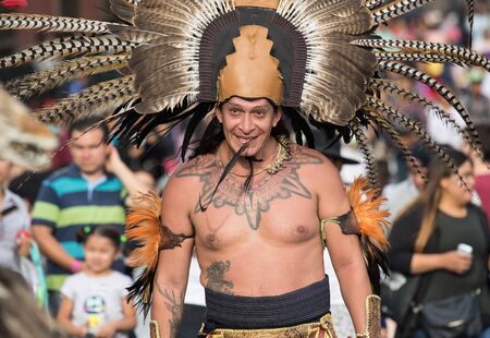 Mexico City, Mexico - April 30, 2017. Aztec dancers dancing in Zocalo squareのeditorial素材