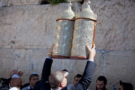 JERUSALEM, ISRAEL - Feb 18, 2013: Bar Mitzvah ritual at the Wailing wall in Jerusalem. A 13 years...