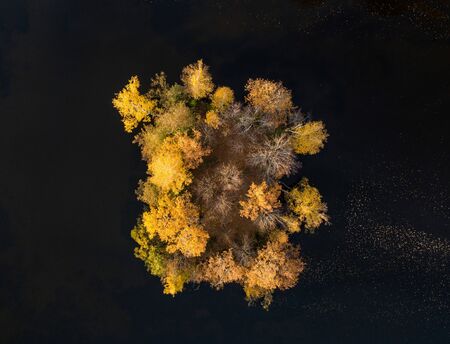Aerial view of lonely golden autumn island in the middle of hidden and forgotten dark lake in the bright yellow autumn wood. Autumn landscape and background from a birds eye view.の写真素材