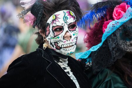 Moscow, Russia - June 29, 2018 : Defile dia de muertos Mexico in Moscow. The Day of the Dead is one of the most popular and unusual holidays in Mexico showing a funny attitude to death.のeditorial素材