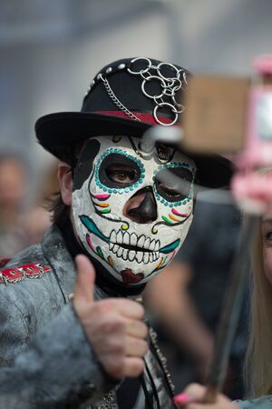 Moscow, Russia - June 29, 2018 : Defile dia de muertos Mexico in Moscow. The Day of the Dead is one of the most popular and unusual holidays in Mexico showing a funny attitude to death.のeditorial素材