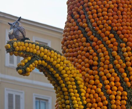 Lemon Festival, Fete du Citron, on French Riviera. Architectural composition and huge edible figures made from juicy lemons and orangesの写真素材