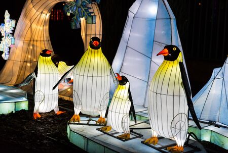 Colorful silk chinese lantern figures demonstrate traditions of Russian and Chinese culture and New Years moodの写真素材