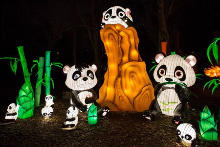 Colorful silk chinese lantern figures demonstrate traditions of Russian and Chinese culture and New Year's mood.の写真素材