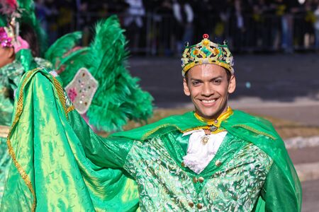 Nice, France - February 25, 2012: Participants in the carnival parade Battle of Flowers in Nice, Carnaval de Nice, Roi de Media.のeditorial素材