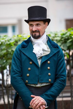 Moscow, Russia - 12 June 2019: Portraits of characters historical reconstruction in beautiful historical and authentic costumes at the festival Times and Epochs in Moscow.のeditorial素材
