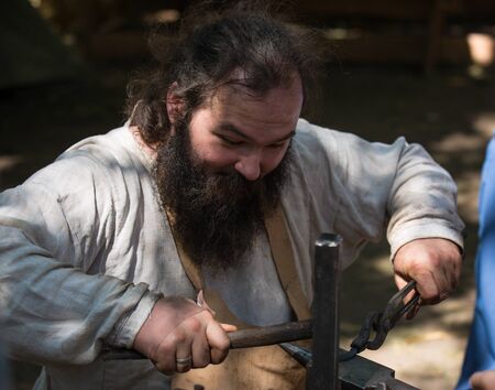 Moscow, Russia - 12 June 2019: Portraits of characters historical reconstruction in beautiful historical and authentic costumes at the festival Times and Epochs in Moscow.のeditorial素材