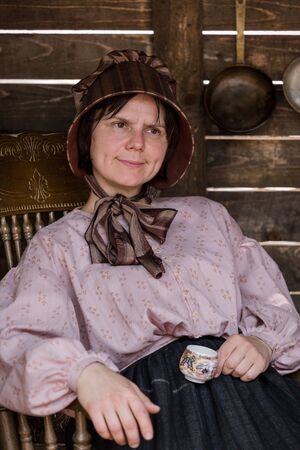 Moscow, Russia - 12 June 2019: Portraits of characters historical reconstruction in beautiful...