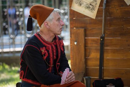 Moscow, Russia - 12 June 2019: Portraits of characters historical reconstruction in beautiful historical and authentic costumes at the festival Times and Epochs in Moscow.のeditorial素材