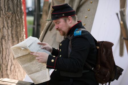 Moscow, Russia - 12 June 2019: Portraits of characters historical reconstruction in beautiful historical and authentic costumes at the festival Times and Epochs in Moscow.のeditorial素材