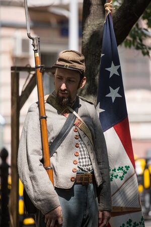 Moscow, Russia - 12 June 2019: Portraits of characters historical reconstruction in beautiful...