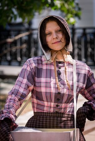 Moscow, Russia - 12 June 2019: Portraits of characters historical reconstruction in beautiful...